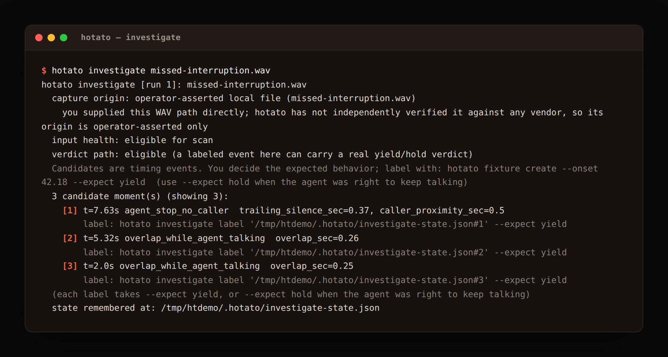 Terminal output of hotato investigate: capture origin operator-asserted, eligibility, and three ranked candidate interruption moments each awaiting a yield-or-hold label.