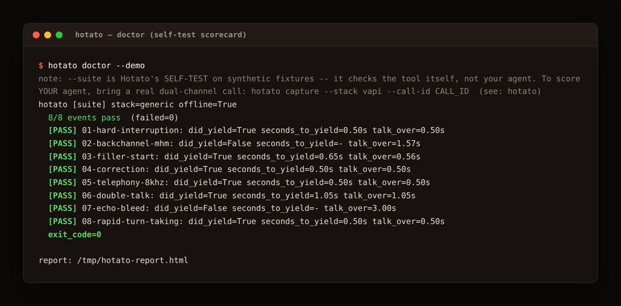 Terminal output of hotato doctor: eight turn-taking events, all pass, with did_yield, seconds_to_yield and talk_over per event, and exit_code=0.